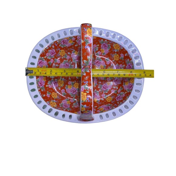 Jay & Sons Ceramic Basket Divided  w/ Handle Red White Floral Gold Rim - Picture 6 of 15